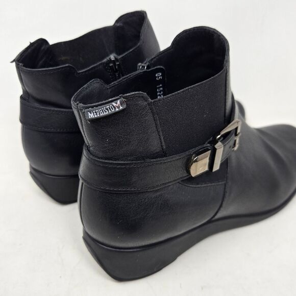 MEMPHISTO Stefania Low Wedge Bootie Black Leather Buckle Size 10 Comfort Boot - Picture 2 of 9